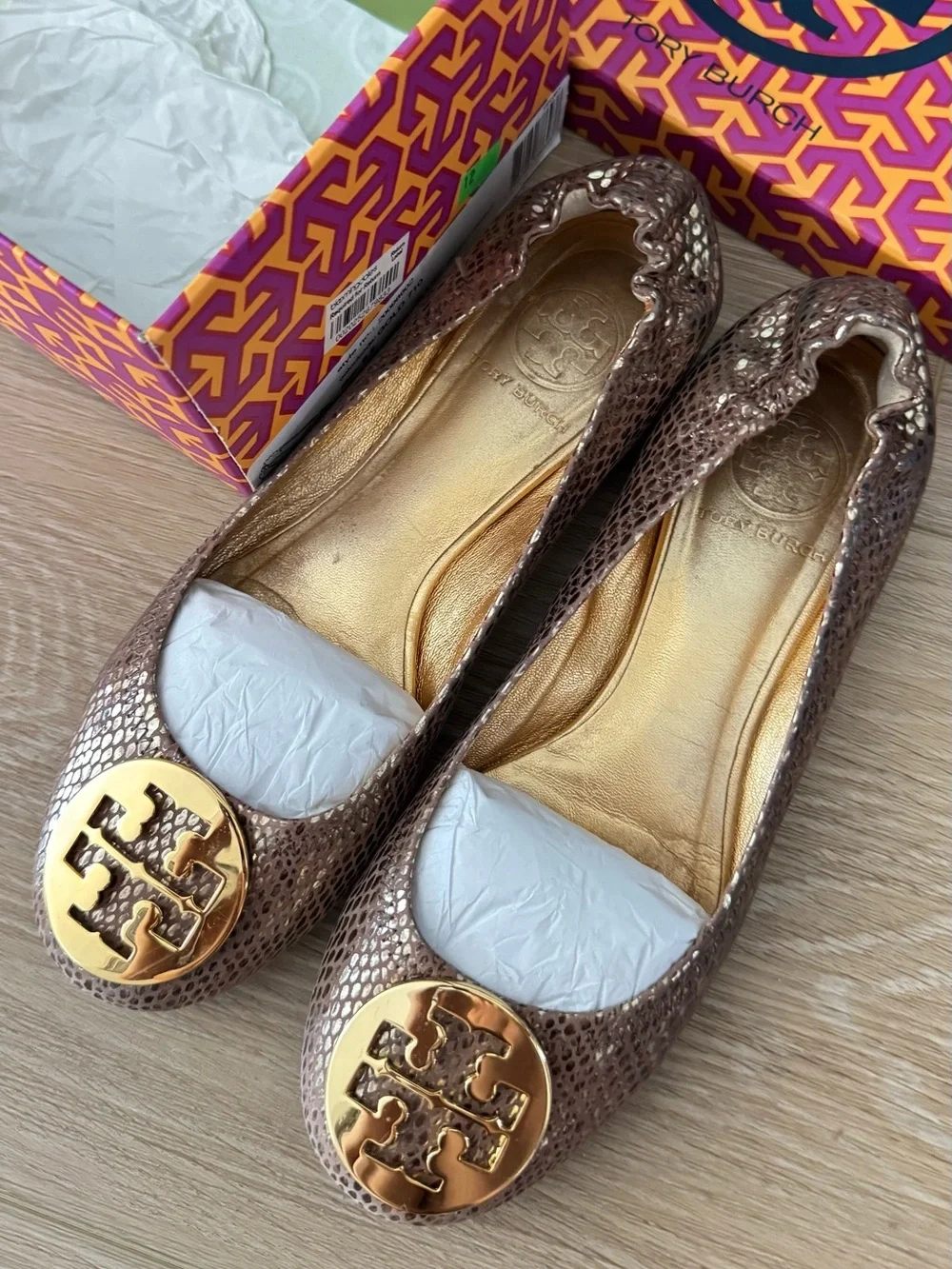 Tory Burch Metallic Gold Reva Snake-Print Ballet Flats